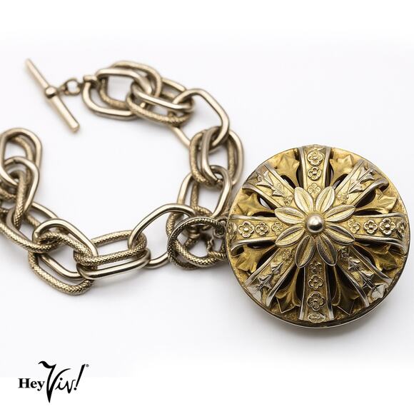 Vintage Chunky Charm Bracelet w Large Decorated Ball w Cutouts 7" Chain- Hey Viv - Picture 1 of 6